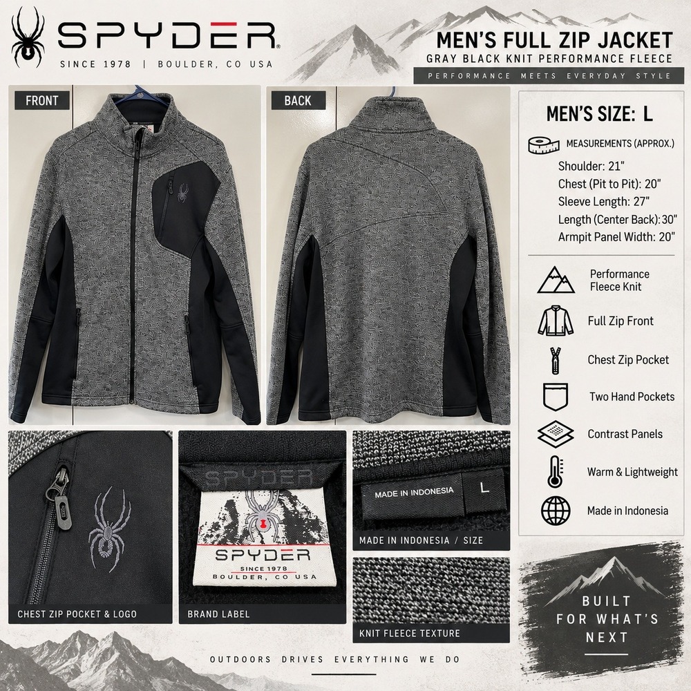 Spyder Mens Gray Black Full Zip Core Sweater Fleece Lined Jacket Large